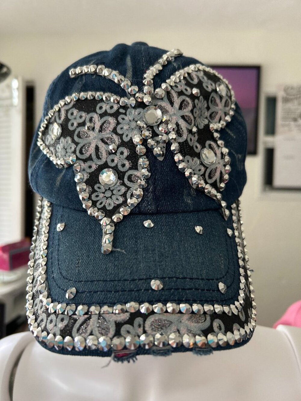 Silver Large Butterfly Denim Baseball Cap - One Size
